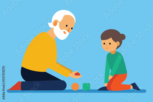 Grandfather and grandchild playing with colorful blocks together