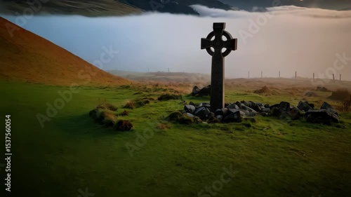 Ancient Celtic cross stands on green hillside surrounded by rocks with fog rolling in at sunset in religious landscape.