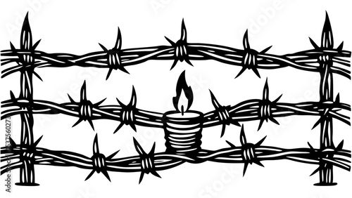 Barbed wire fence with candlelight creating a haunting atmosphere