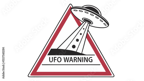 UFO warning sign featuring a spacecraft illustration in red triangle  