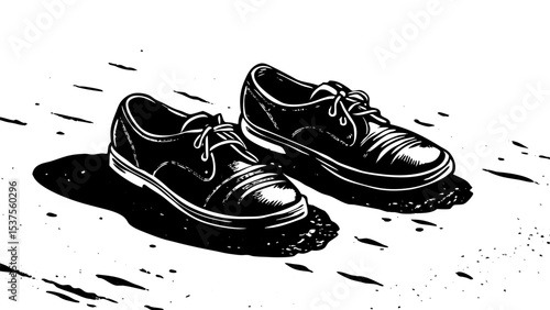 Empty black shoes resting on pavement with shadows in minimalist style