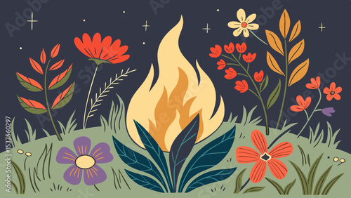 Colorful flowers surrounding a flame in a whimsical nighttime setting  