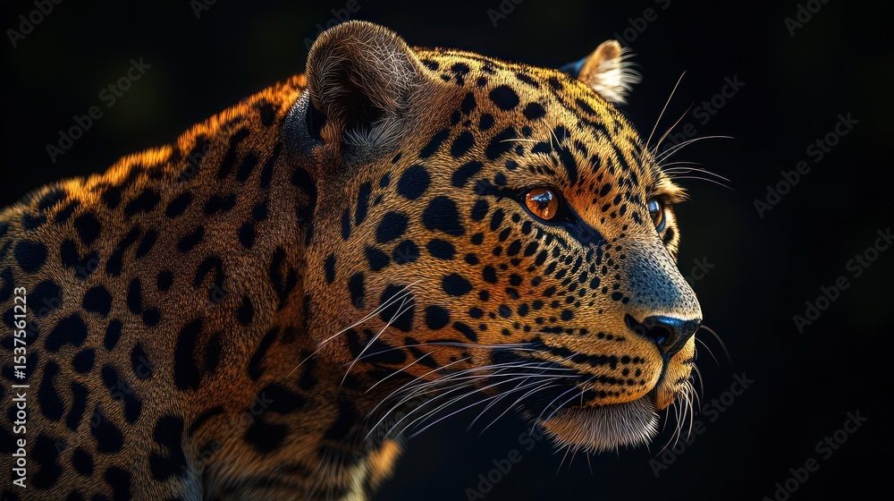 Naklejka premium Leopard portrait on a dark background, amber eyes piercing the view
