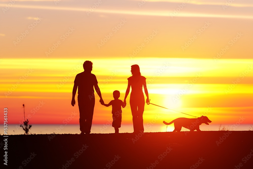 Family walking dog at sunset Family walking dog at sunset