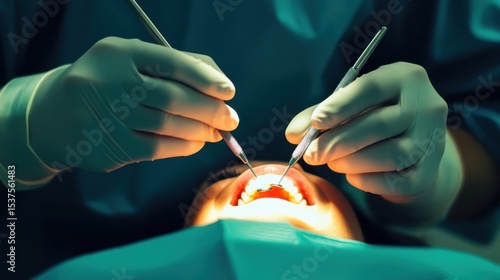 A dentist performing a root canal procedure on a patient in a dental operatory against a clean white background, macro shot, Minimalist style