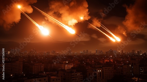 Iron Dome style anti‑aircraft missile interception at night with flare explosions over urban skyline, vivid contrast, dramatic lighting