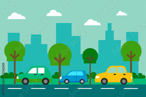 Cityscape Illustration Colorful Cars on a Suburban Street