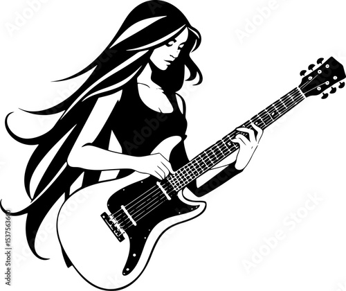 Female Guitarist Silhouette Vector Image. Electric Guitar Rock Star Artwork. Black and White SVG Music Image