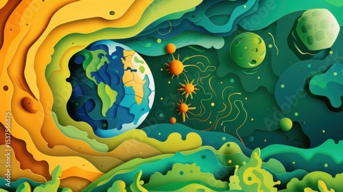 A depiction of Earth as a unified biosphere, supported by green energy, illustrated in a holistic art style