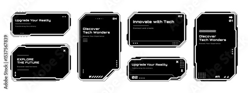Set of black futuristic HUD user interface elements for tech presentation. Digital text box frame vector.