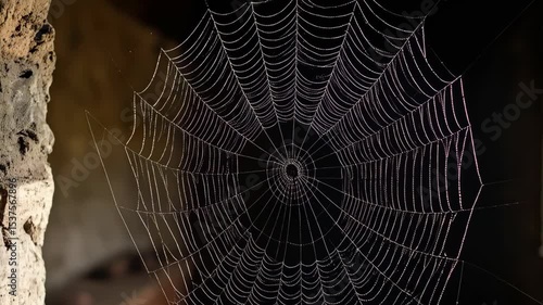 Close-up of delicate spiderweb with dew drops inside an abandoned, weathered stone building with an out of focus window in the background.