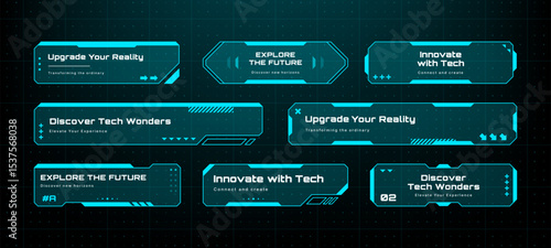 Futuristic hud text box frame set as vector illustration. Digital tech background for data display. Cyberpunk interface element with light blue outline.