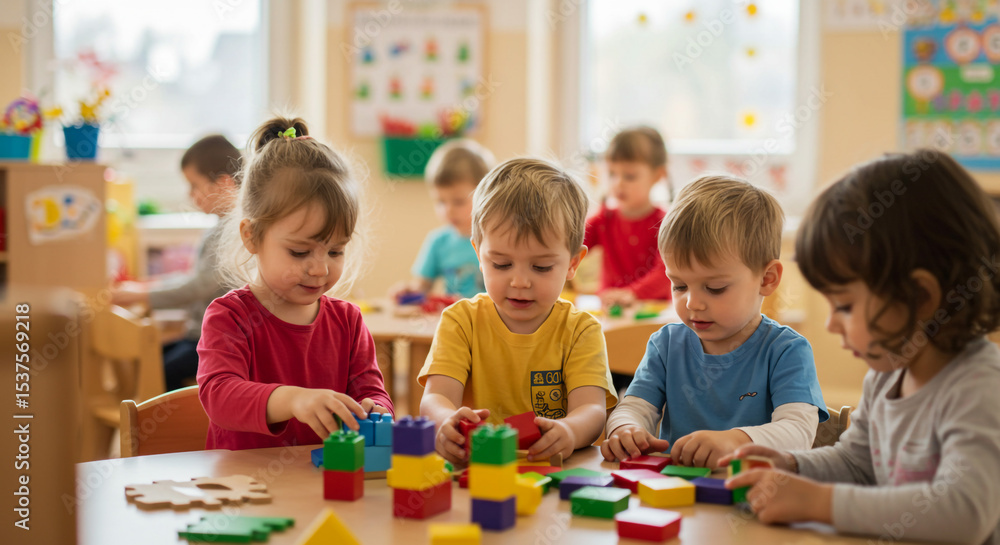 Fototapeta premium Creative Kids Learning Through Play at Preschool Early Childhood Education Building Blocks Teamwork