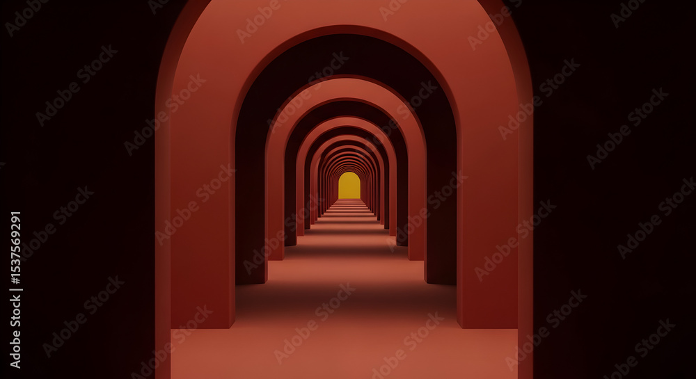 Naklejka premium Abstract Red Archway Corridor Leading to Yellow Light, Minimalist 3D Render Background