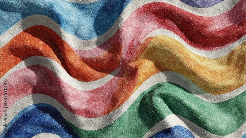   A close-up of a multi-colored fabric features a wavy design centered in white, red, yellow, green, blue, orange, and pink