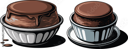 Delicious cartoon illustration of two chocolate souffles in serving bowls with shadow detail
