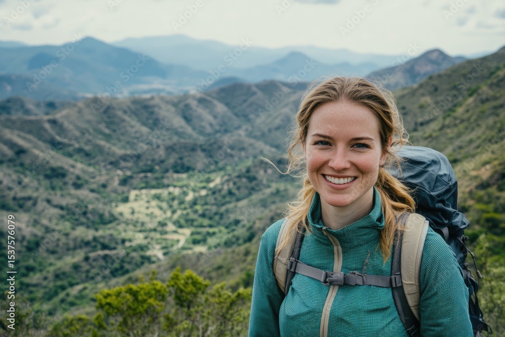 Smiling woman with a backpack enjoys a hike in the mountains, surrounded by a vast landscape of rolling hills and trees. Smiling woman with a backpack enjoys a hike in the mountains, surrounded by a vast landscape of rolling hills and trees.