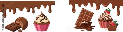 Delicious illustration of chocolate cupcakes and candy with dripping chocolate effects