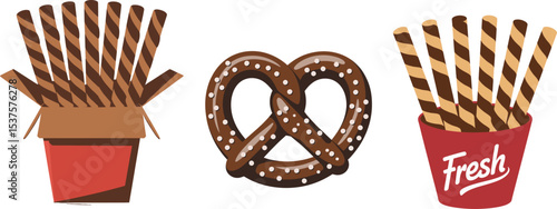 Delicious treats illustration featuring pretzel and chocolate wafer sticks in different serving containers