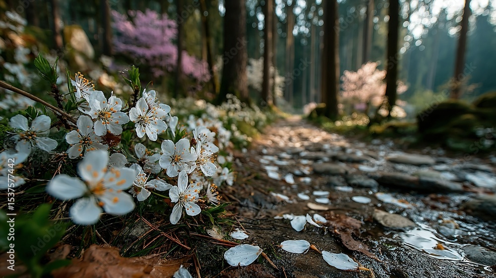 Fototapeta premium A cluster of white blossoms rests atop the woodland ground beside an expansive wooded area filled with numerous trees