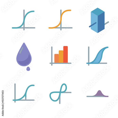 Activation Functions Icons. Isometric Flat icon set of Activation Functions: sigmoid curve, tanh curve, ReLU block, leaky ReLU