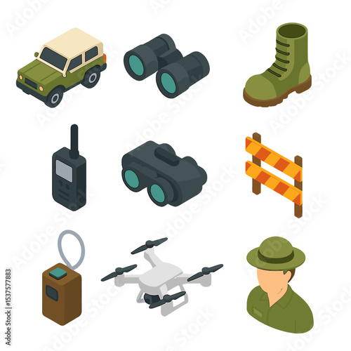Anti-Poaching Patrol Icons. Isometric Flat icon set of Anti-poaching patrol operations: ranger vehicle, binoculars, patrol boot,