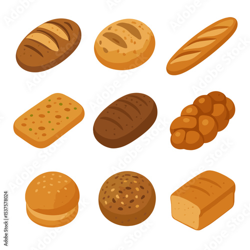 Artisan Bread Icons. Isometric Flat icon set of artisan bread varieties: sourdough loaf, ciabatta boule, French baguette, focaccia