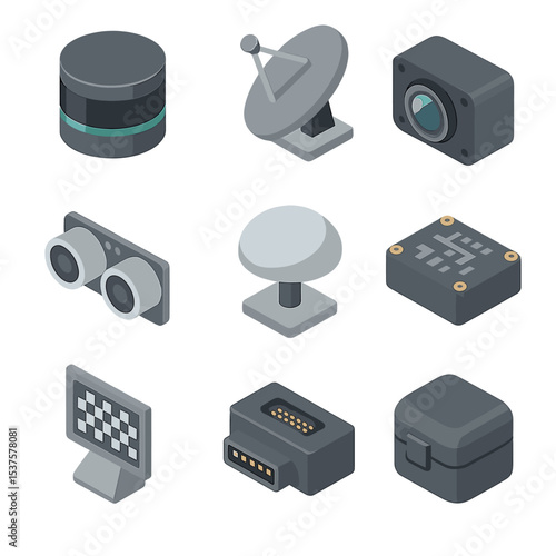 Autonomous Sensor Icons. Isometric Flat icon set of Autonomous Sensor Suite: LiDAR scanner, radar dish, camera module, ultrasonic