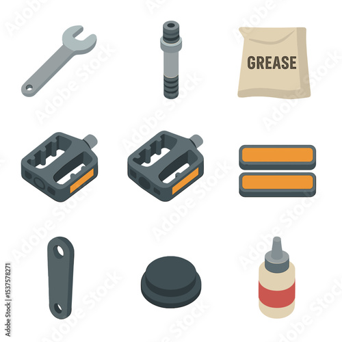 Bicycle Pedal Tools. Isometric Flat icon set of Pedal installation and maintenance: pedal wrench, pedal axle, grease packet, left