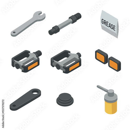 Bicycle Pedal Tools. Isometric Flat icon set of Pedal installation and maintenance: pedal wrench, pedal axle, grease packet, left