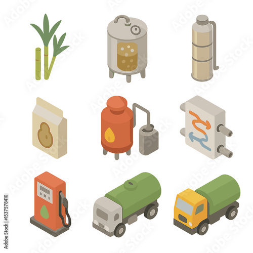 Bioethanol Production Icons. Isometric Flat icon set of Bioethanol production processes: sugarcane stalk, fermentation vat,