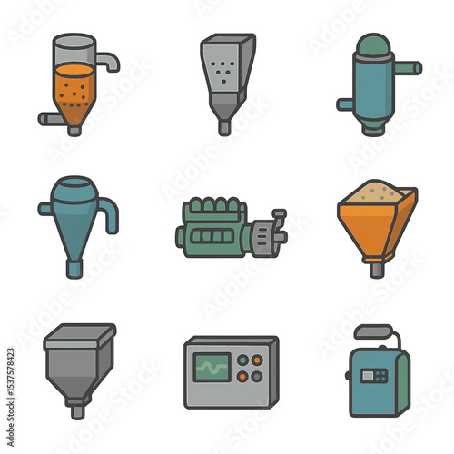 Biomass System Icon Set. Isometric Flat icon set of Biomass gasification systems: gasifier reactor, char hopper, syngas cooler,