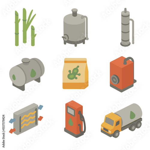 Bioethanol Production Icons. Isometric Flat icon set of Bioethanol production processes: sugarcane stalk, fermentation vat,