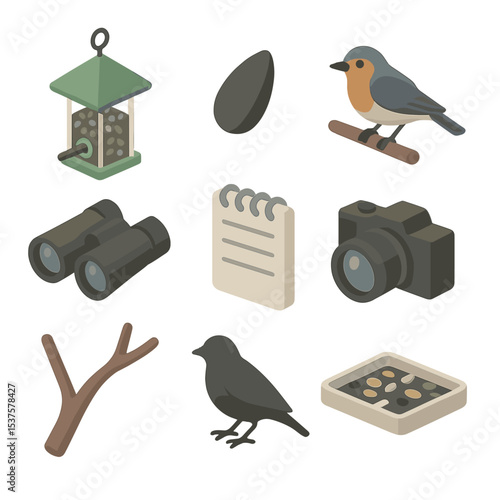 Bird Feeder Icon Set. Isometric Flat icon set of Bird feeder observation time: hanging feeder, sunflower seed, bird perch,