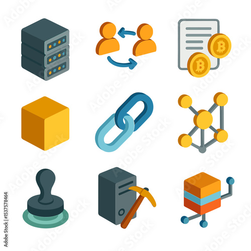 Blockchain Icon Set. Isometric Flat icon set of Blockchain network nodes: server rack, peer-to-peer link, consensus ledger, block