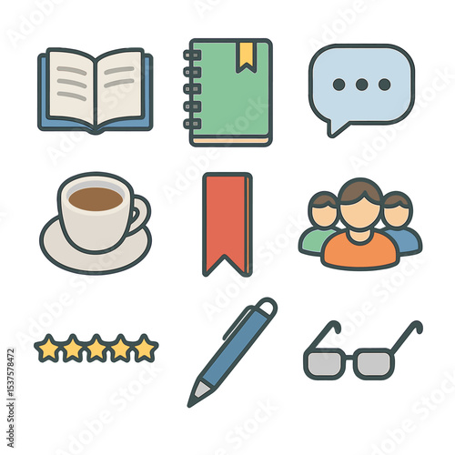 Book Club Icon Set. Isometric Flat icon set of Book club discussion notes: open book, notebook, speech bubble, coffee cup,