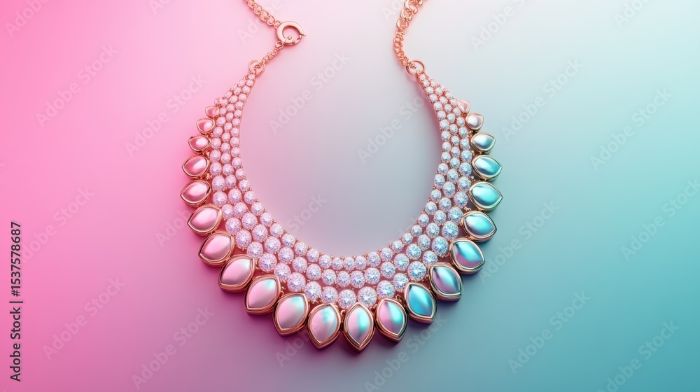 Obraz premium Rose gold necklace with diamonds arranged on gradient pastel background
