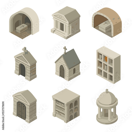 Burial Architecture Icons. Isometric Flat icon set of burial architecture: catacomb corridor, funerary temple, underground vault,