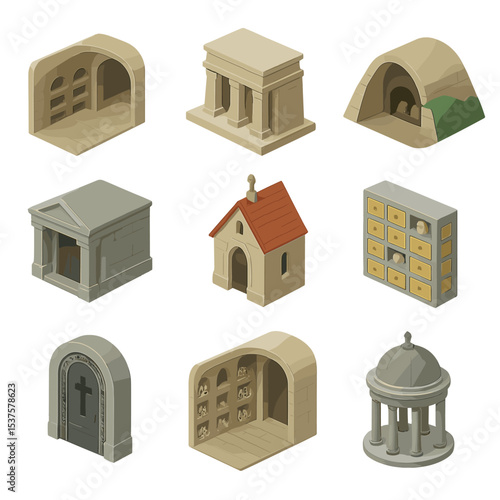 Burial Architecture Icons. Isometric Flat icon set of burial architecture: catacomb corridor, funerary temple, underground vault,