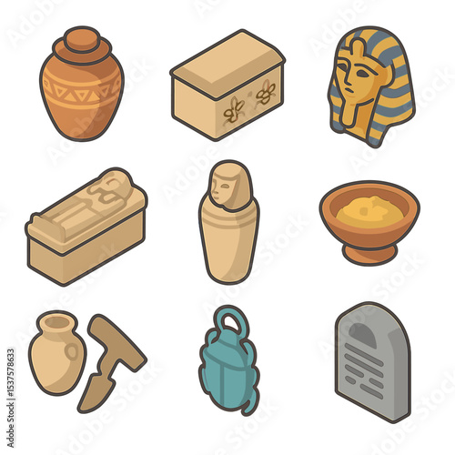 Burial Artifacts Icons. Isometric Flat icon set of burial artifacts: burial urn, ossuary box, funerary mask, sarcophagus, canopic