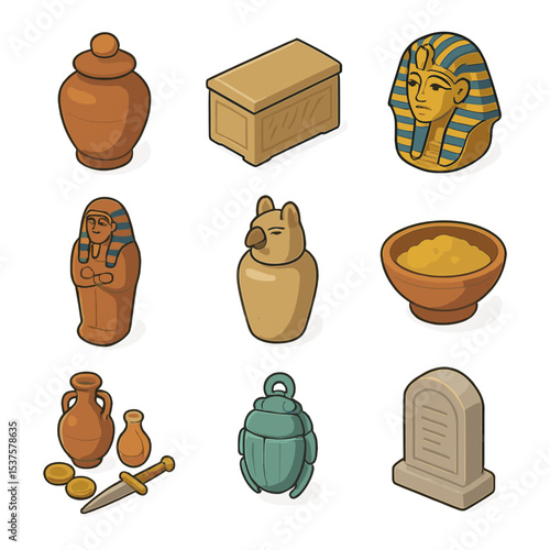Burial Artifacts Icons. Isometric Flat icon set of burial artifacts: burial urn, ossuary box, funerary mask, sarcophagus, canopic