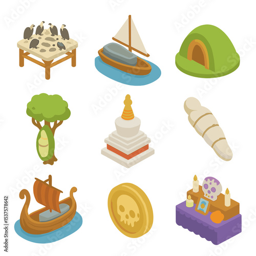 Burial Customs Icons. Isometric Flat icon set of cultural burial customs: sky burial platform, ocean burial boat, green burial