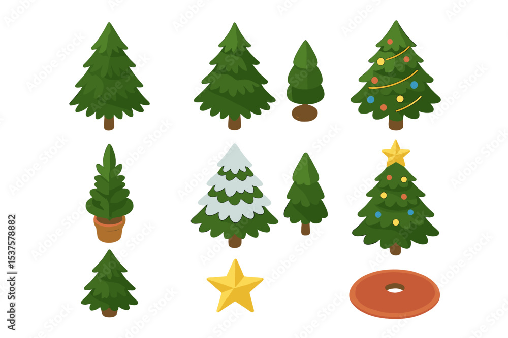 Christmas Tree Icon Set. Isometric Flat icon set of Christmas tree varieties: pine tree, fir tree, tabletop tree, potted mini tree Christmas Tree Icon Set. Isometric Flat icon set of Christmas tree varieties: pine tree, fir tree, tabletop tree, potted mini tree