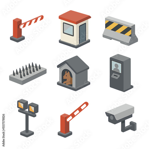 Isometric Checkpoint Icons. Isometric Flat icon set of border checkpoint fortifications: vehicle barrier gate, inspection booth, K