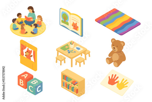 Children's Library Icons. Isometric Flat icon set of Children’s library area: storytime circle, picture book, colorful rug, puppet