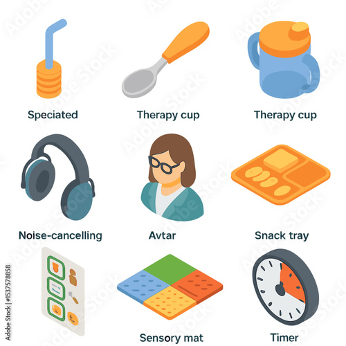 Children's Therapy Icon Set. Isometric Flat icon set of Feeding therapy for children: specialized straw, weighted spoon, therapy