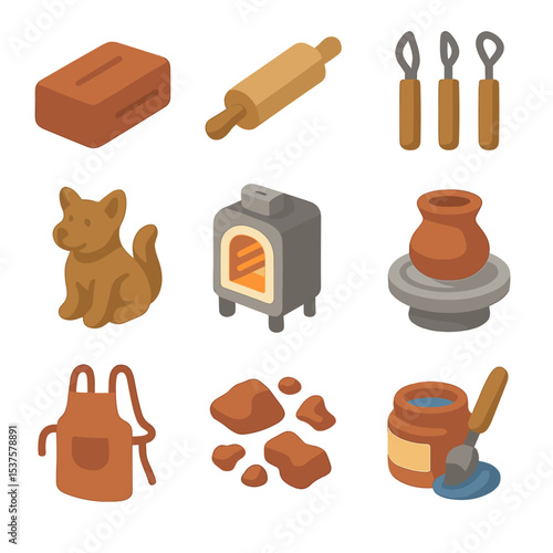 Clay Workshop Icons. Isometric Flat icon set of Clay Modeling Workshop: clay block, rolling pin, modeling tools, sculpted animal,