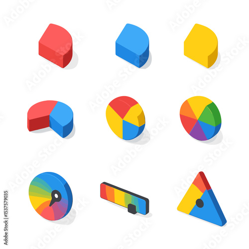 Color Wheel Icons. Isometric Flat icon set of primary color wheel elements: red segment, blue segment, yellow segment, secondary