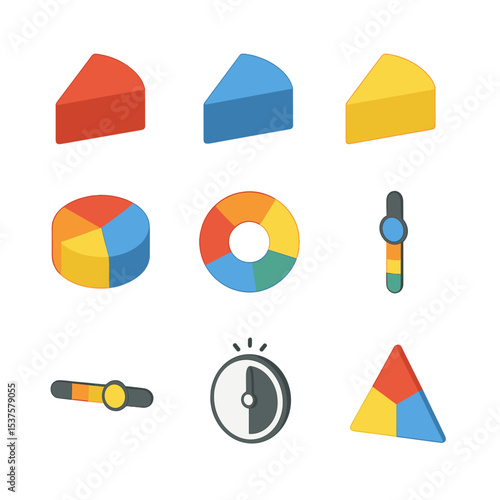 Color Wheel Icons. Isometric Flat icon set of primary color wheel elements: red segment, blue segment, yellow segment, secondary