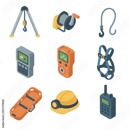 Confined Space Rescue Icons. Isometric Flat icon set of Confined space entry and rescue: tripod hoist, winch, retrieval cable,